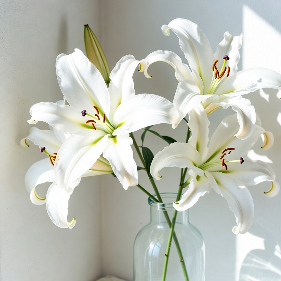 White lilies in glass vase by window White lilies in glass vase by window