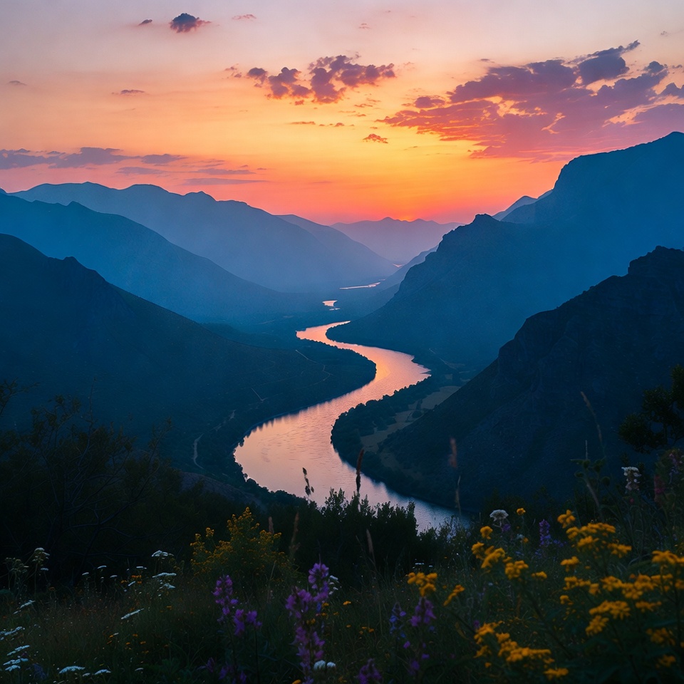 Sunset over river and mountains Sunset over river and mountains