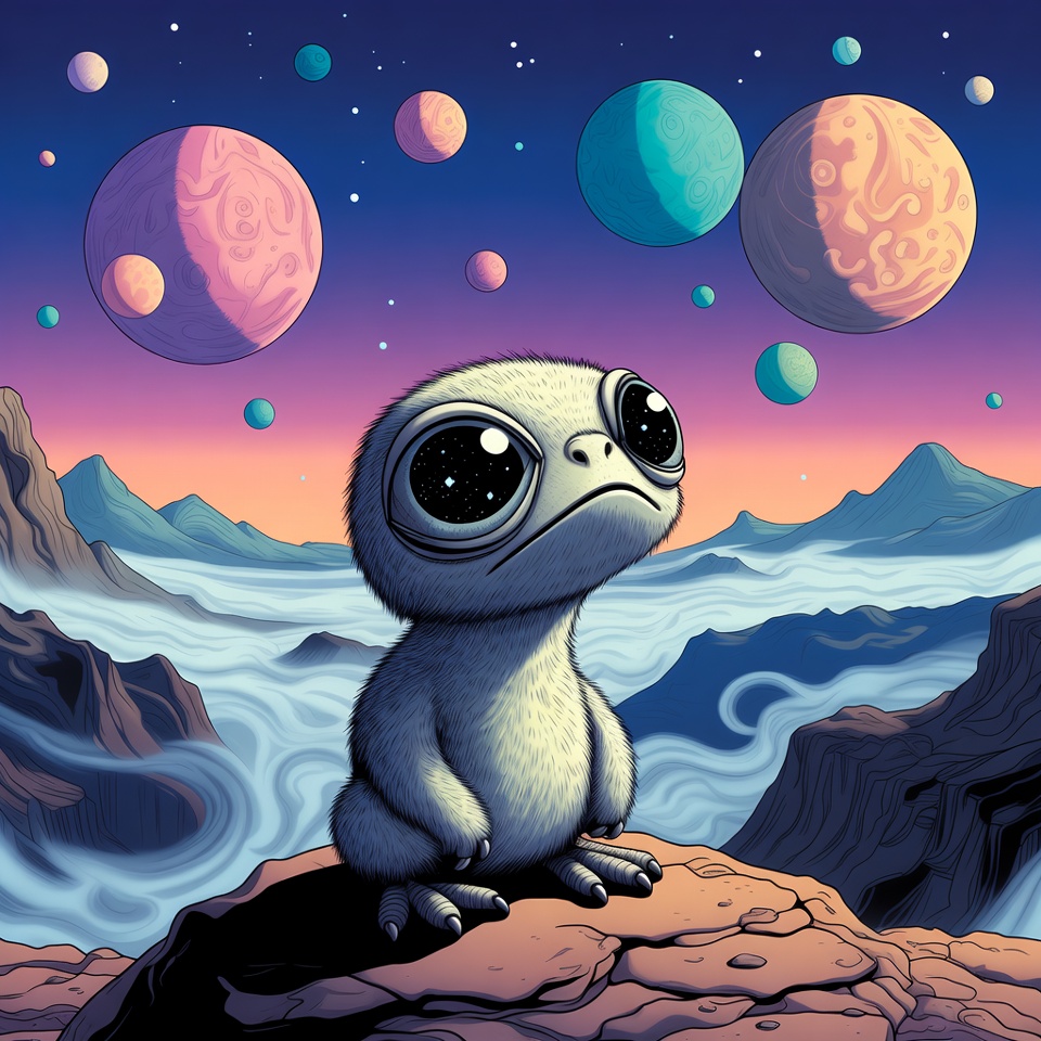 Creature gazes at distant planets Creature gazes at distant planets