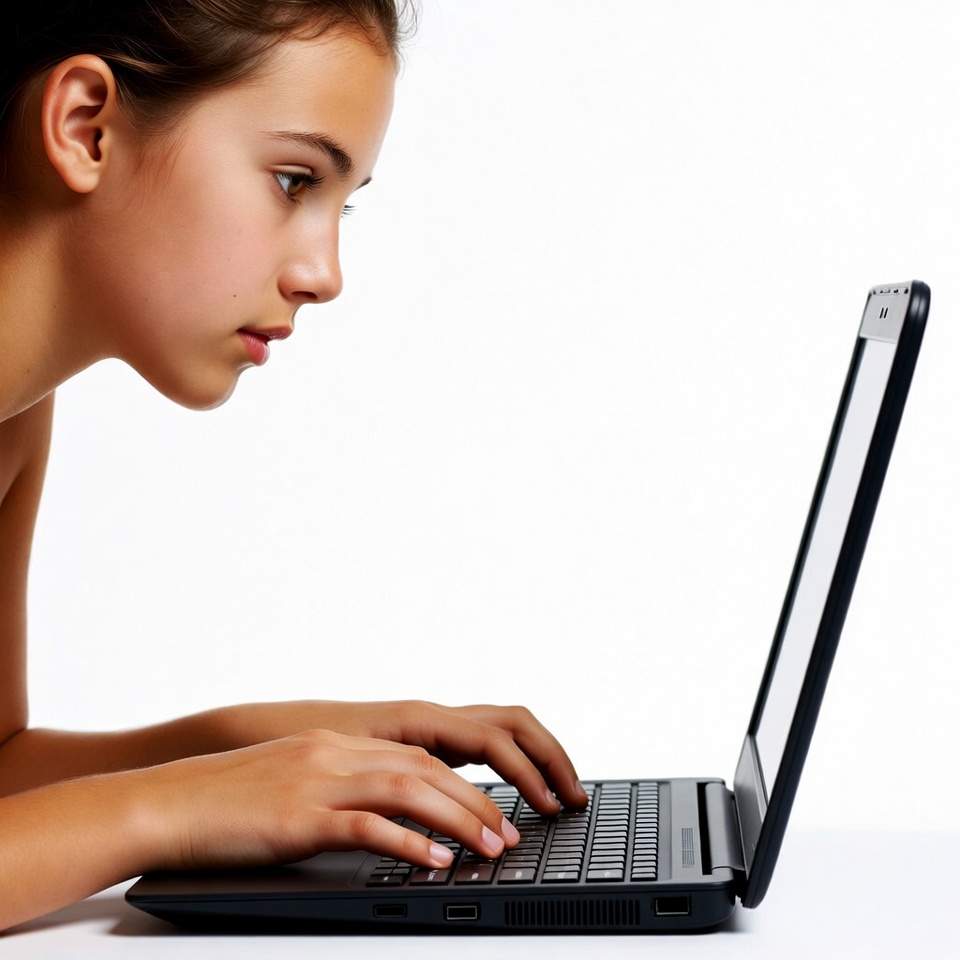 Teenager typing on laptop at home Teenager typing on laptop at home