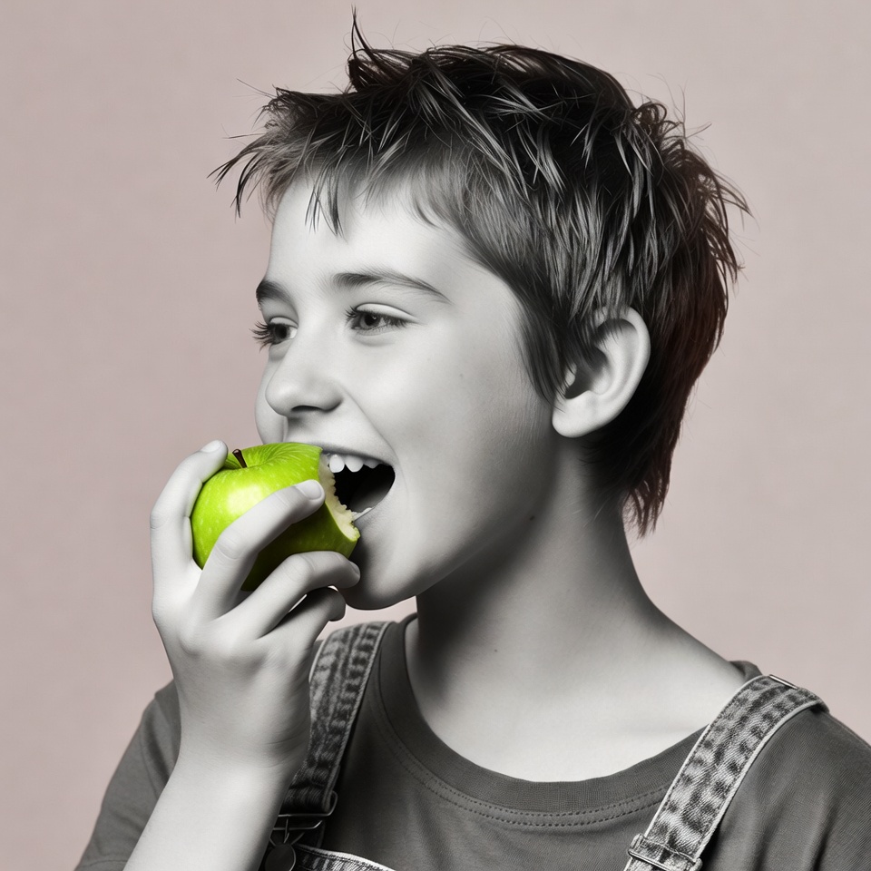 Boy enjoys green apple snack Boy enjoys green apple snack