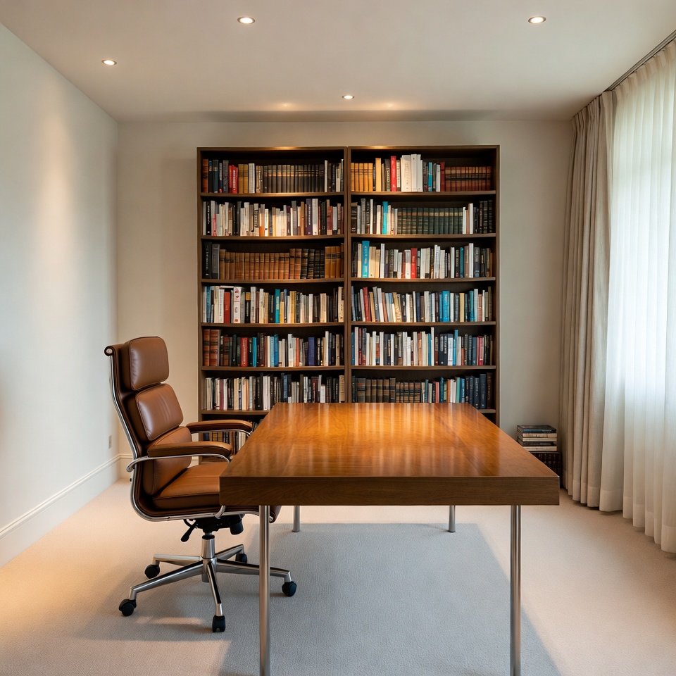 Modern office setup with bookshelves Modern office setup with bookshelves