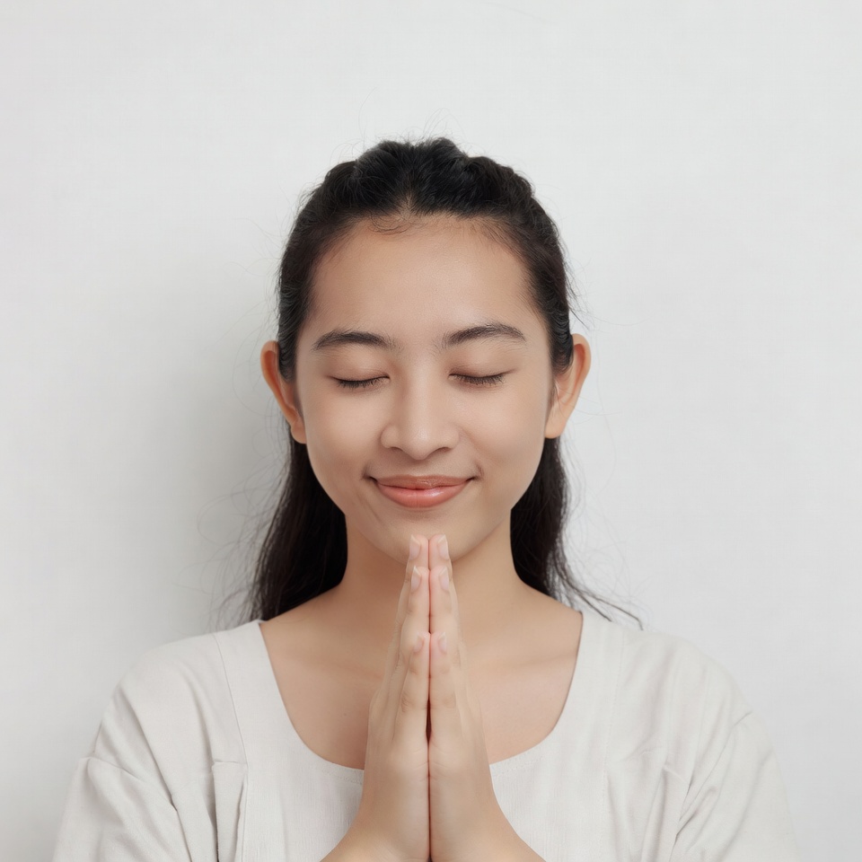 Young woman with hands in prayer position Young woman with hands in prayer position