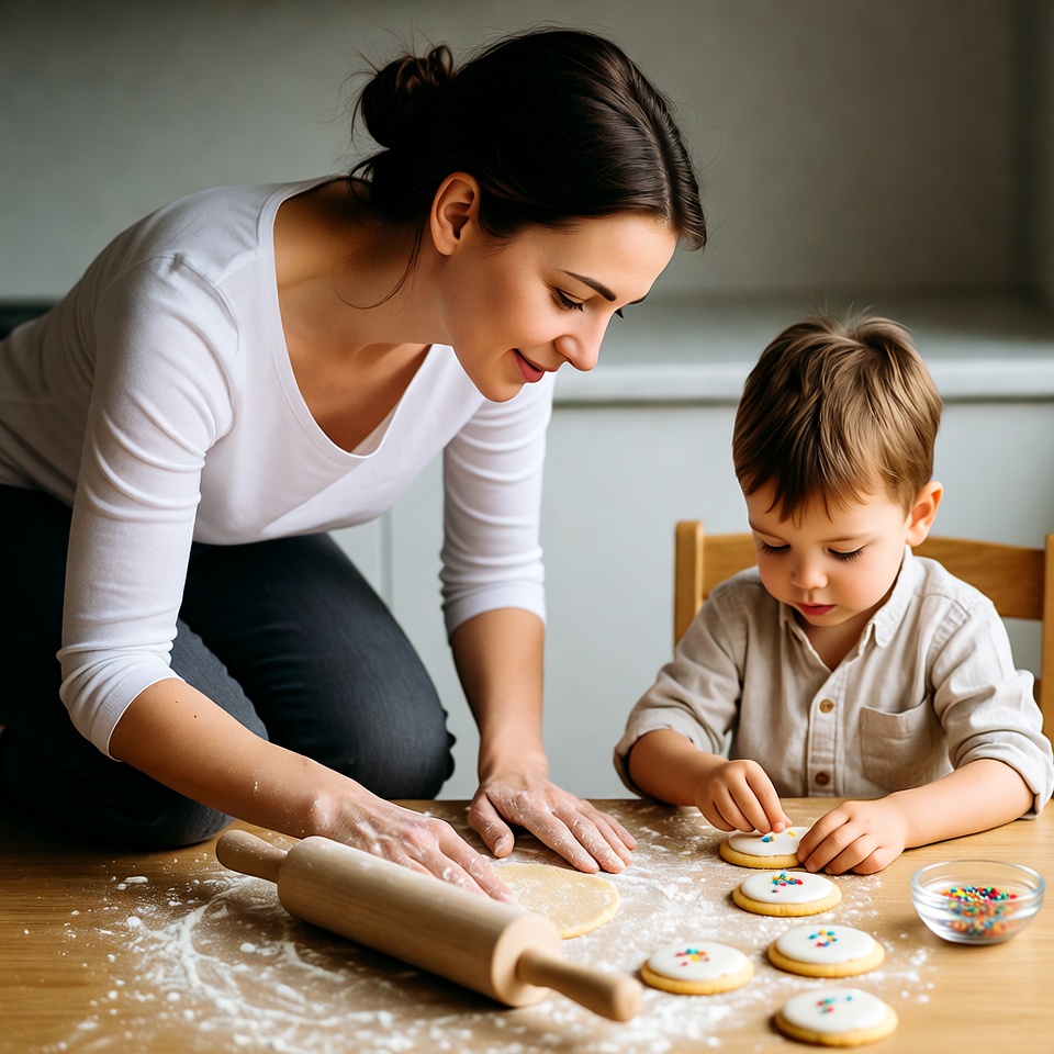Mother and child baking cookies together Mother and child baking cookies together