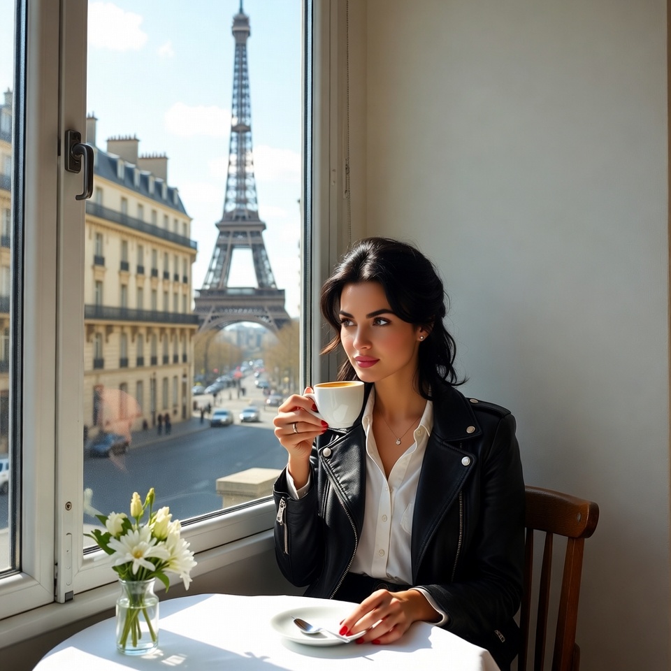Woman enjoying coffee with eiffel tower view Woman enjoying coffee with eiffel tower view