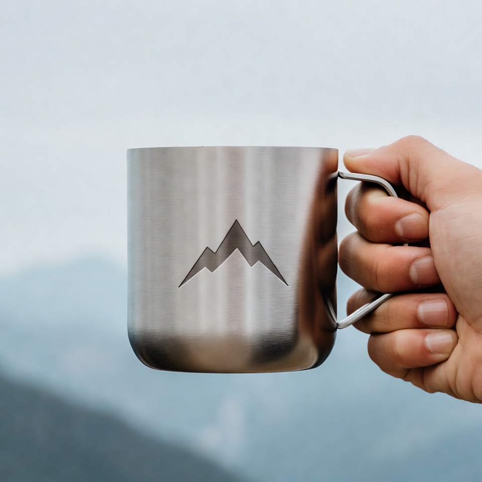 Holding a metal mug in nature Holding a metal mug in nature