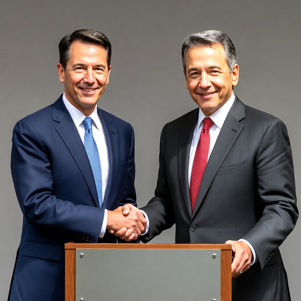 Business leaders shake hands in agreement Business leaders shake hands in agreement