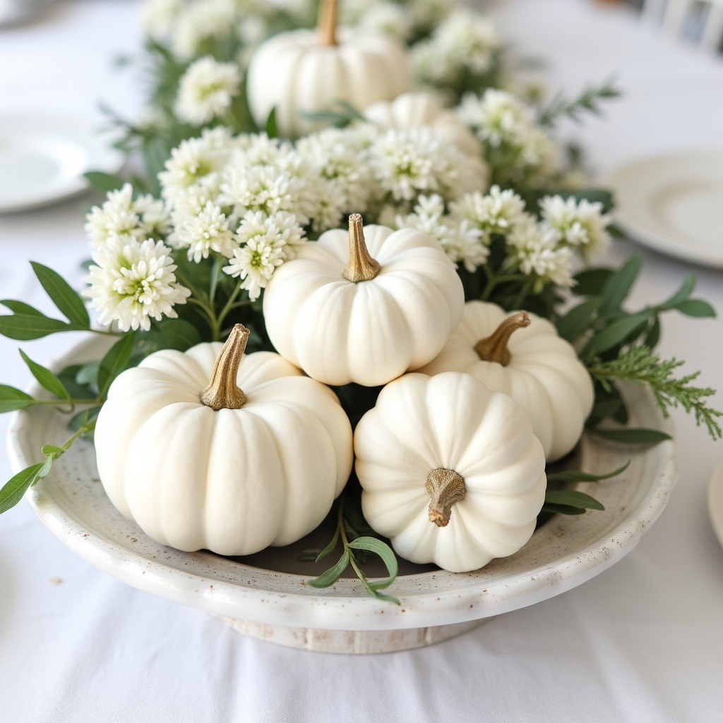 White pumpkins with flowers on table White pumpkins with flowers on table