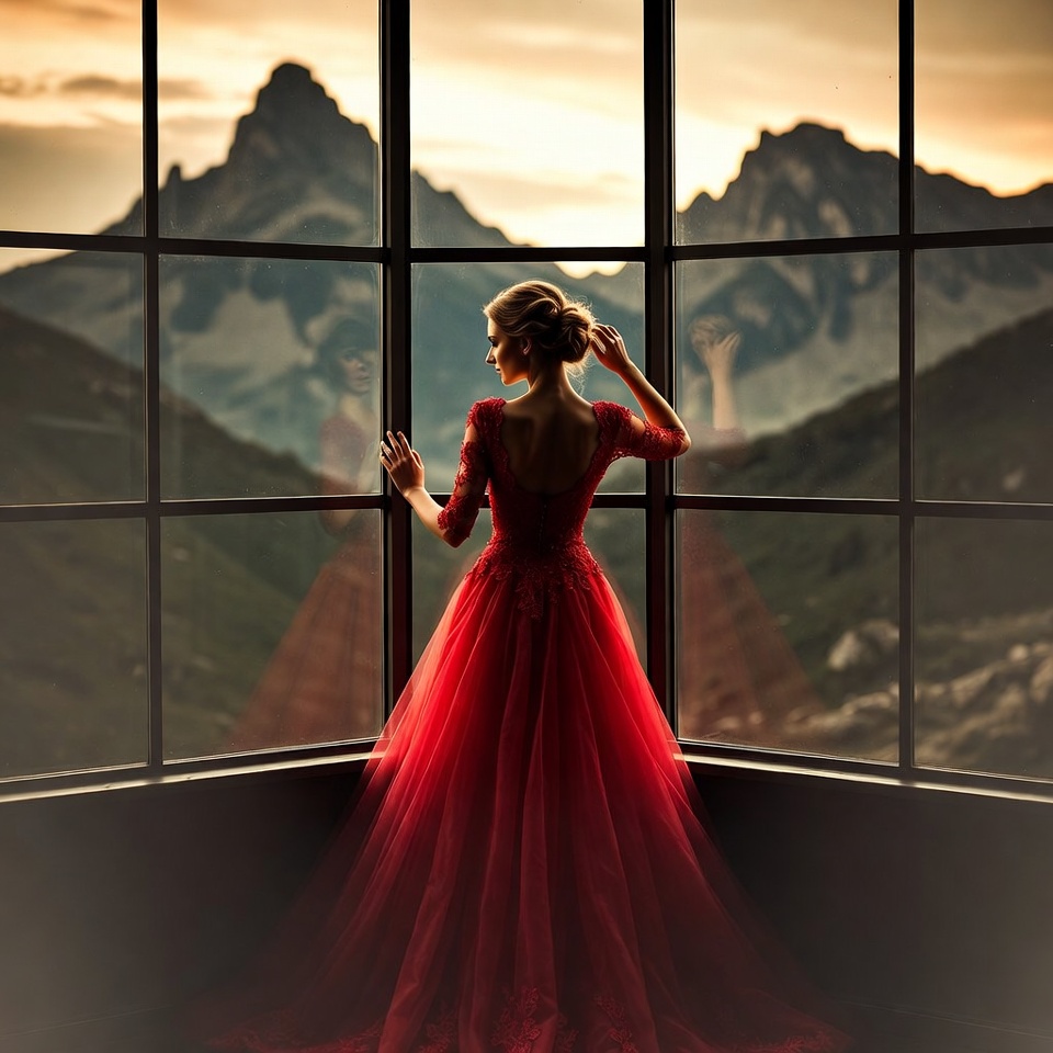 Woman in red gown at mountain view Woman in red gown at mountain view
