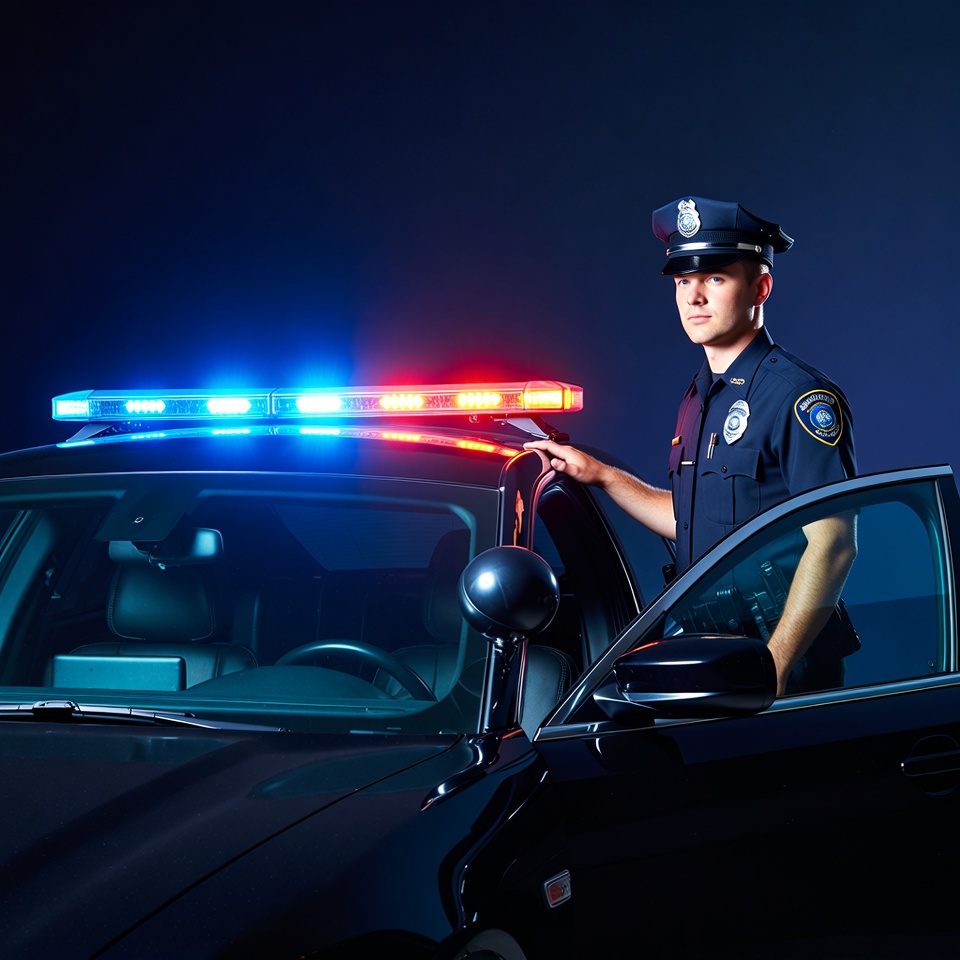 Police officer near patrol car at night Police officer near patrol car at night