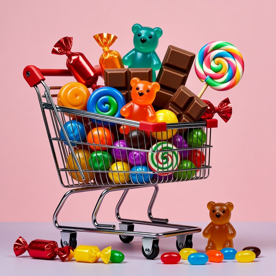 Colorful candy in shopping cart Colorful candy in shopping cart
