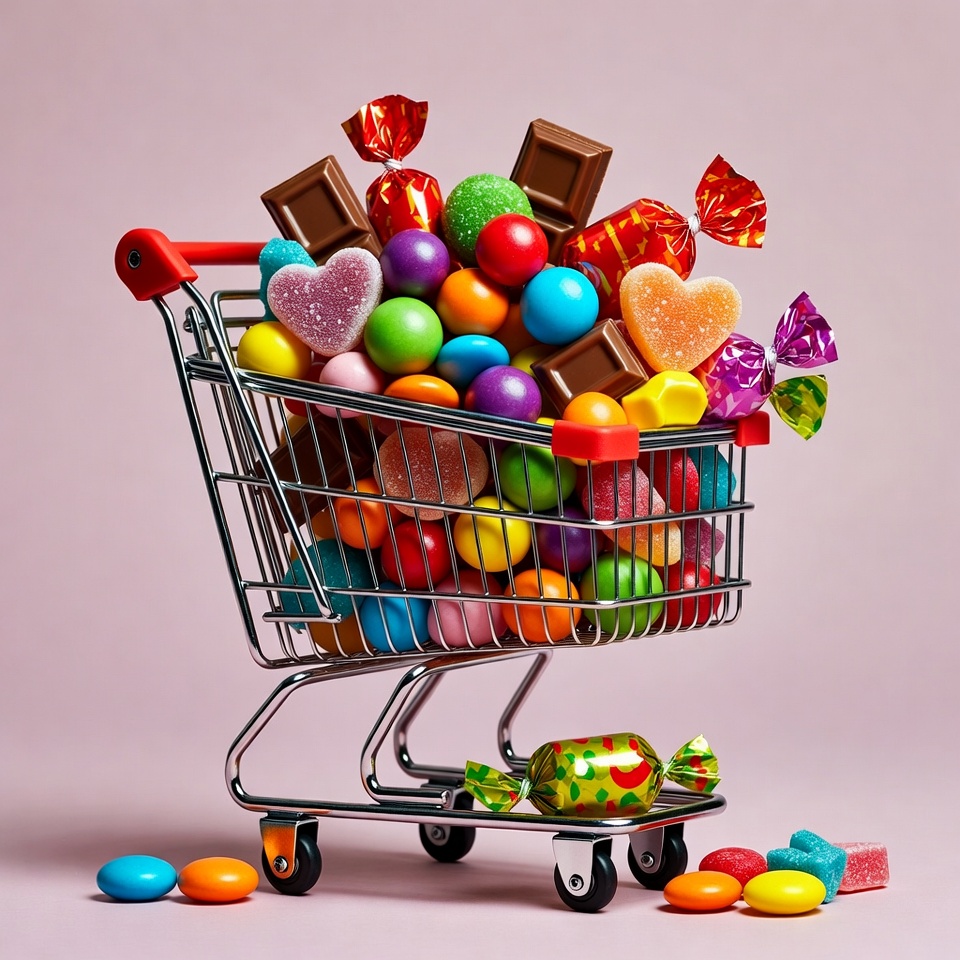 Colorful candy in shopping cart Colorful candy in shopping cart