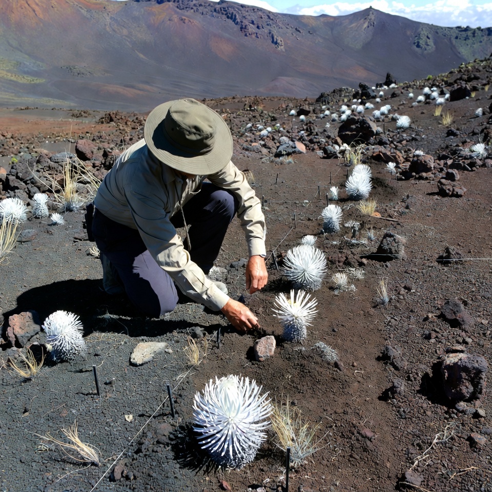 Researcher studies plants in volcanic soil Researcher studies plants in volcanic soil