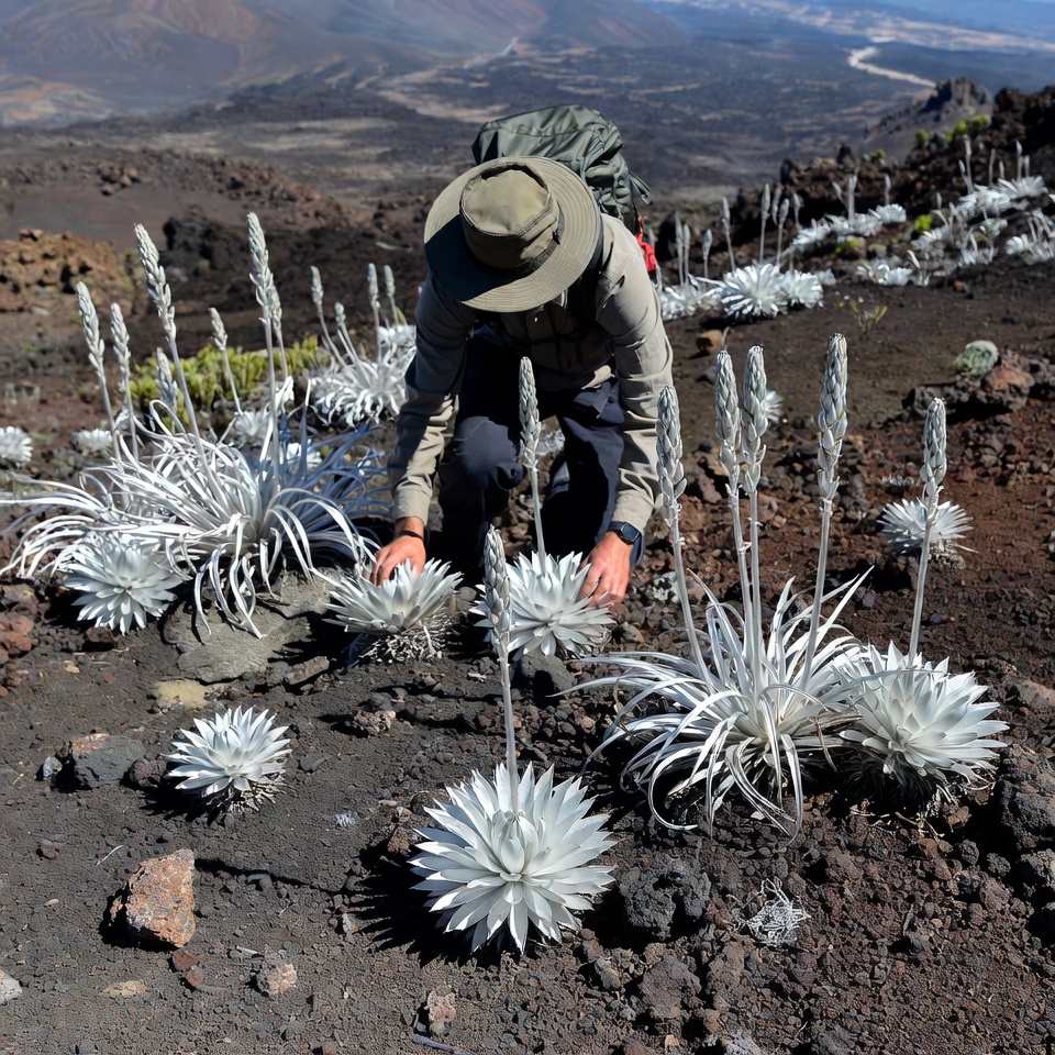 Man studying unique plants on mountain Man studying unique plants on mountain