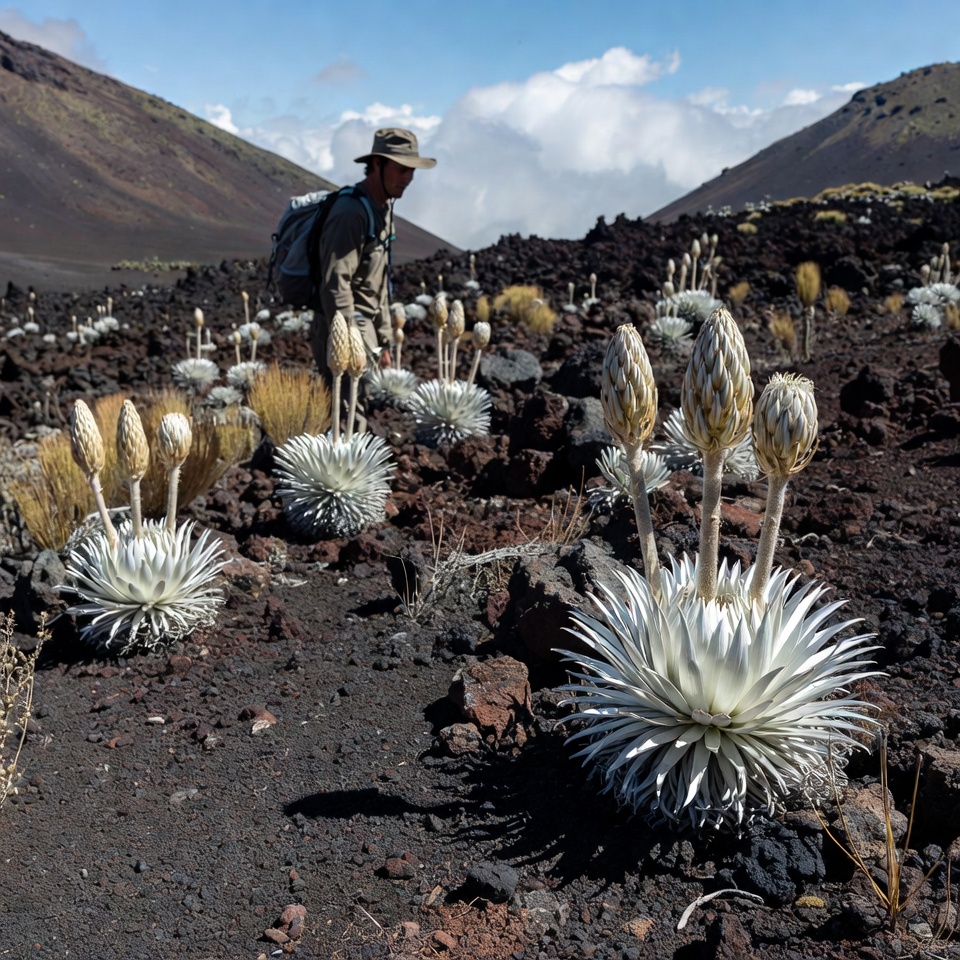 Hiker among unique plants in hawaii Hiker among unique plants in hawaii