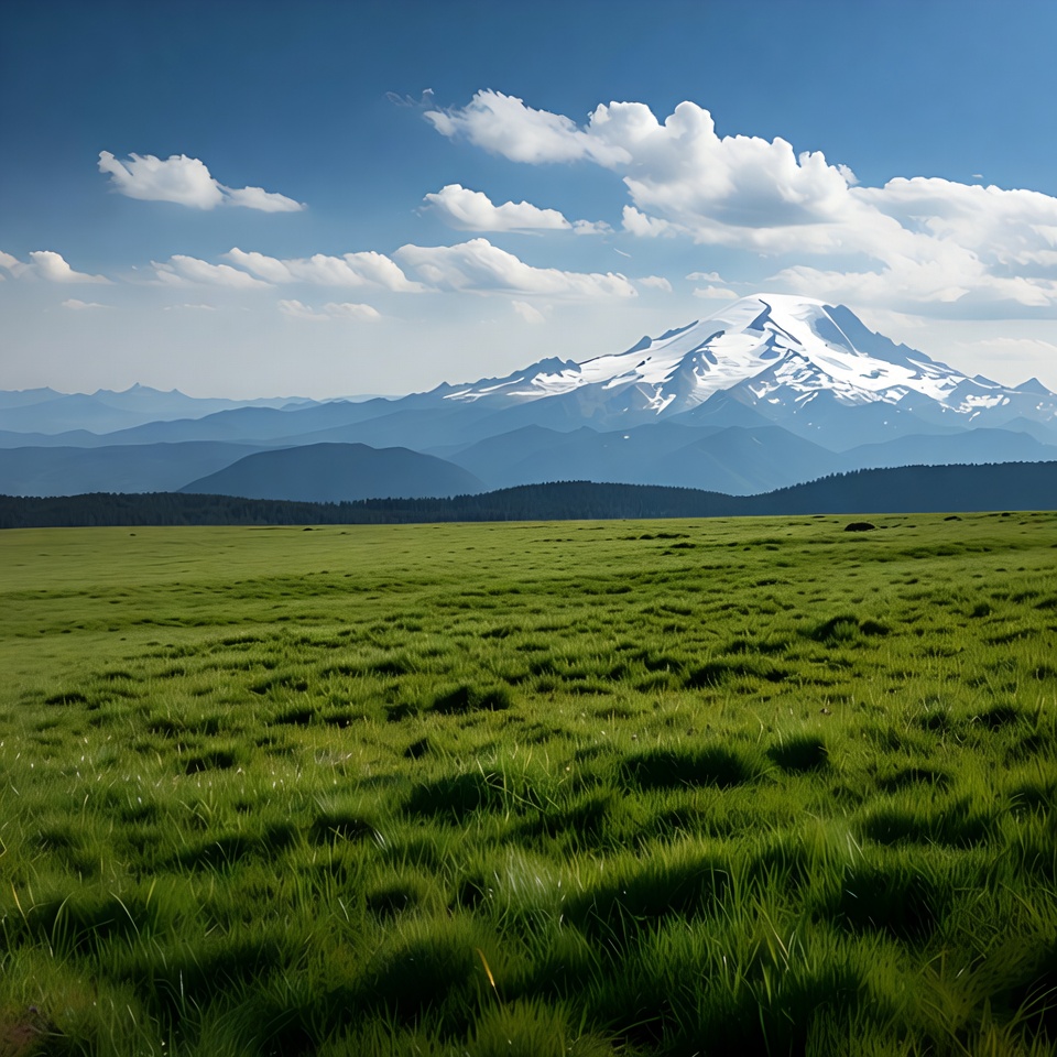 Snowy mountains over green field Snowy mountains over green field