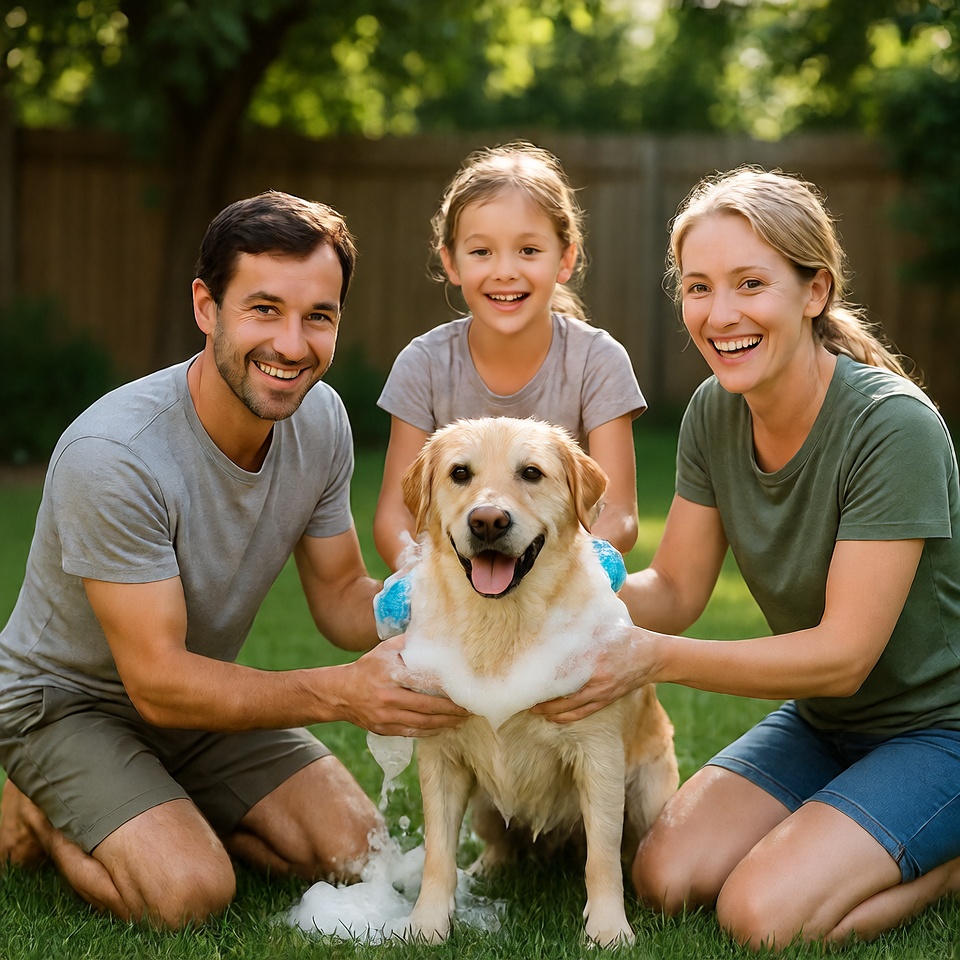 Family bathing dog in garden Family bathing dog in garden