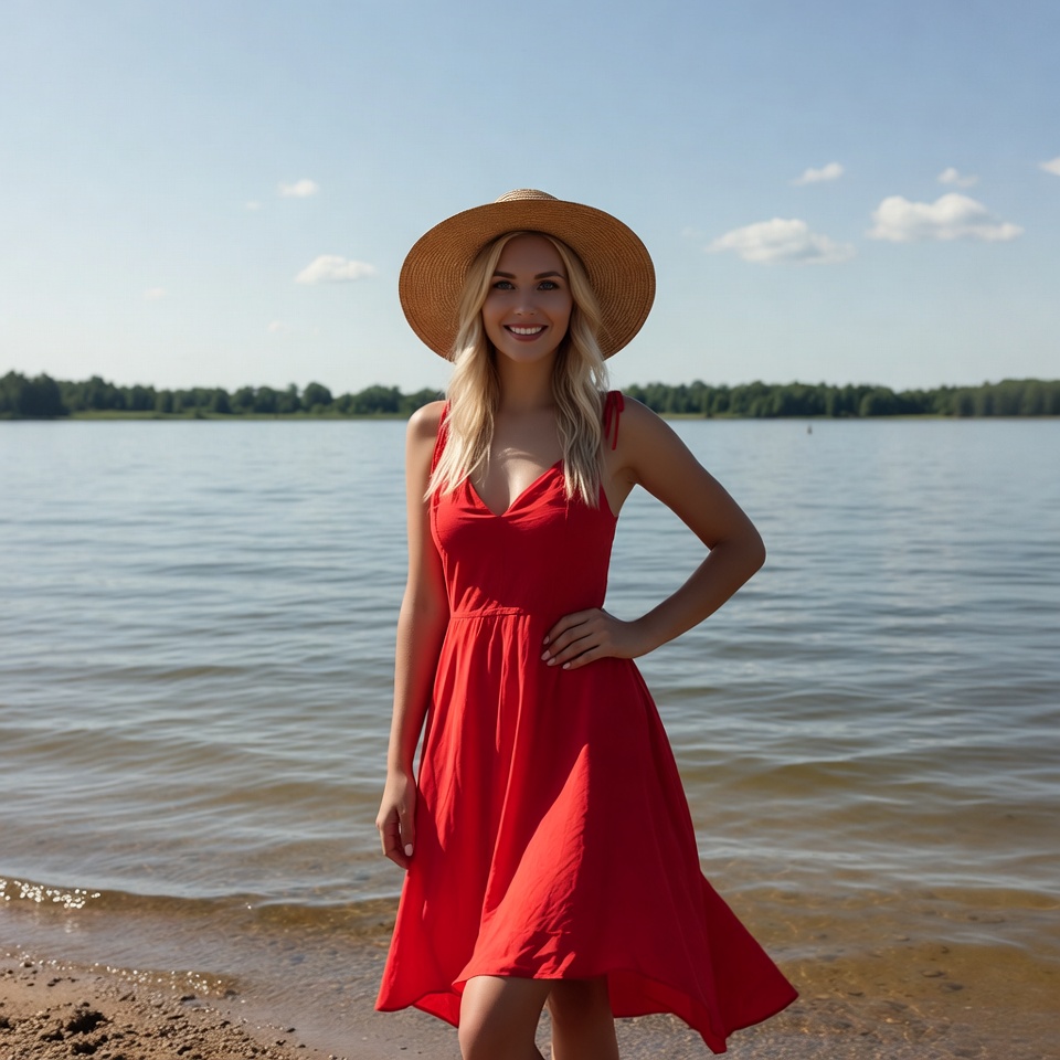 Woman in red dress by lake Woman in red dress by lake