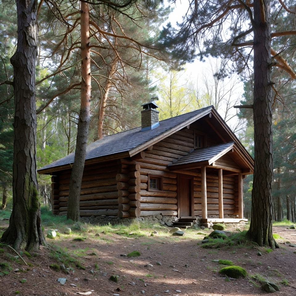Log cabin in forest clearing Log cabin in forest clearing