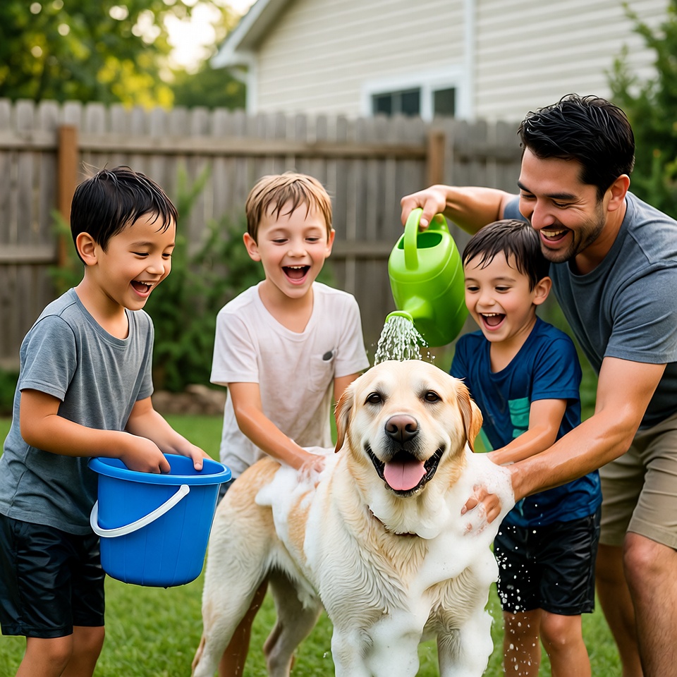 Kids bathe dog in backyard fun Kids bathe dog in backyard fun