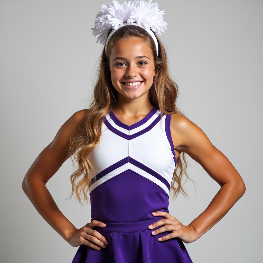 Cheerleader posing in uniform smiling Cheerleader posing in uniform smiling