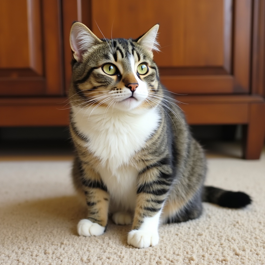Cat sitting on carpet by wooden furniture Cat sitting on carpet by wooden furniture