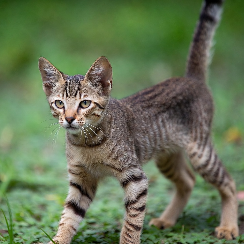 Stray cat walks through green grass Stray cat walks through green grass