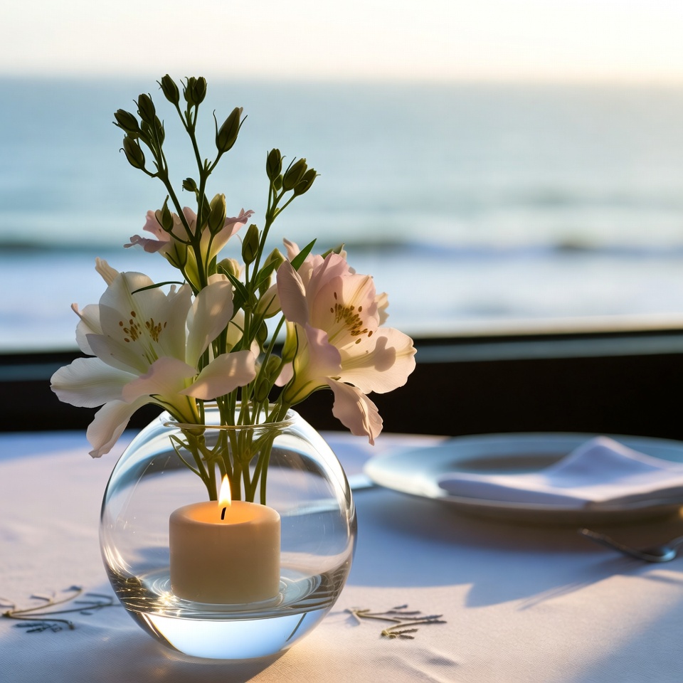 Candle and flowers by the sea Candle and flowers by the sea