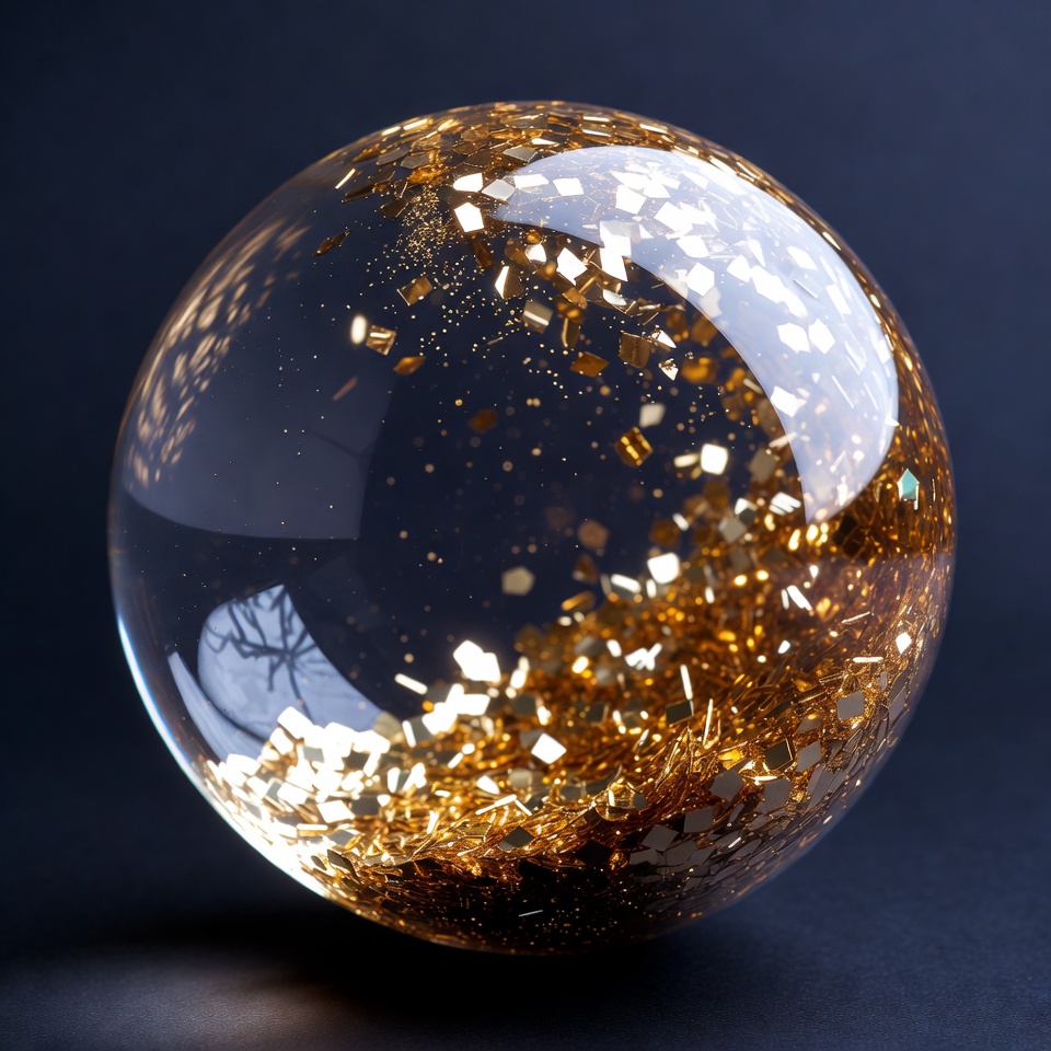 Gold flakes inside clear sphere Gold flakes inside clear sphere