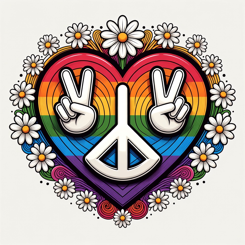 Heart shape with peace symbol and flowers Heart shape with peace symbol and flowers
