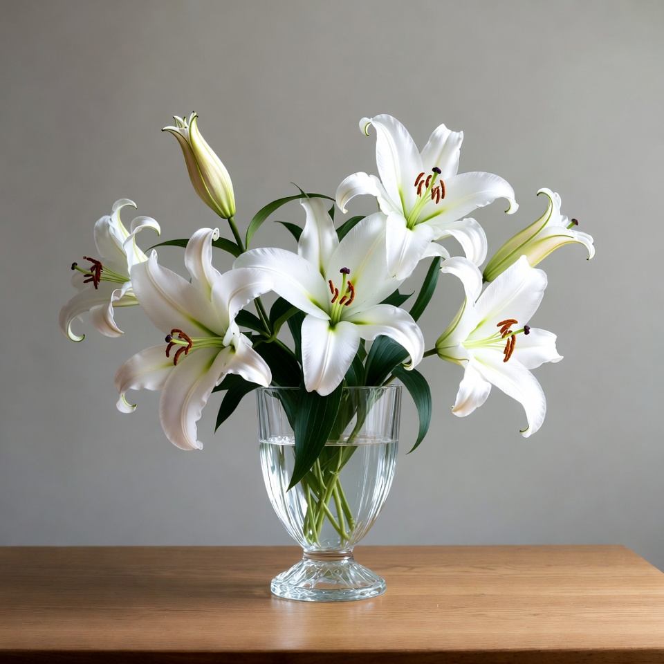 White lilies in a clear vase on a table White lilies in a clear vase on a table