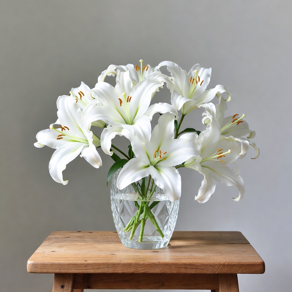 White lilies in clear vase on wooden table White lilies in clear vase on wooden table
