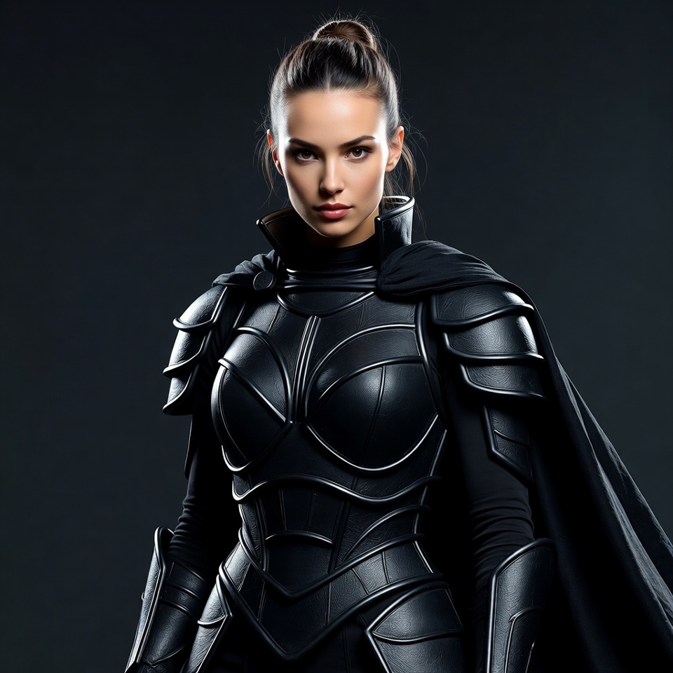 Woman in black armor stands strong Woman in black armor stands strong