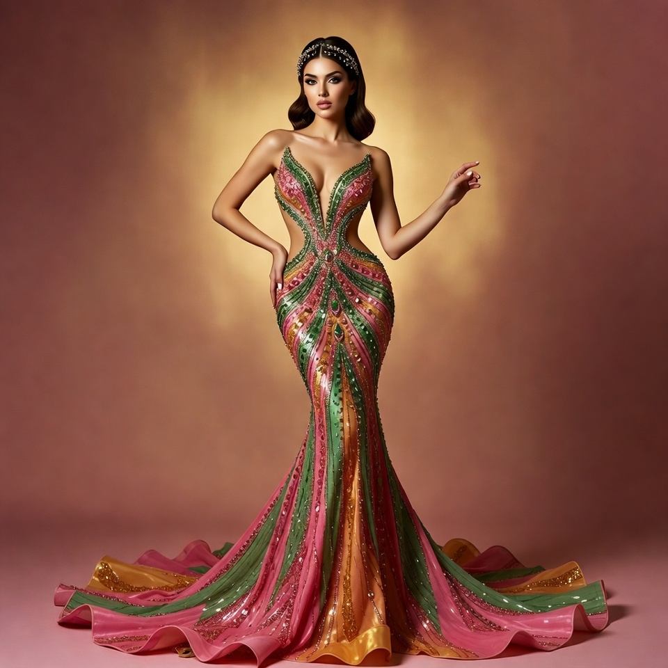 Model poses in colorful dress Model poses in colorful dress