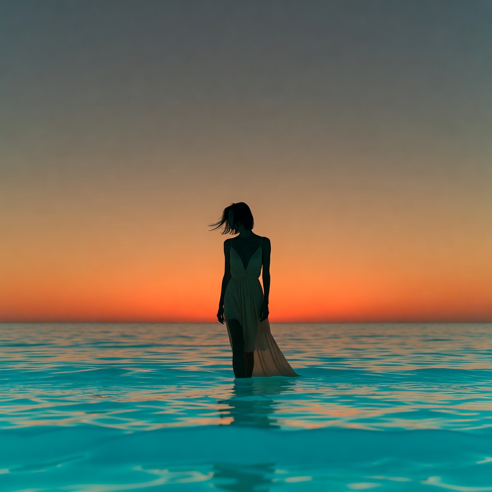 Woman standing in water at sunset Woman standing in water at sunset