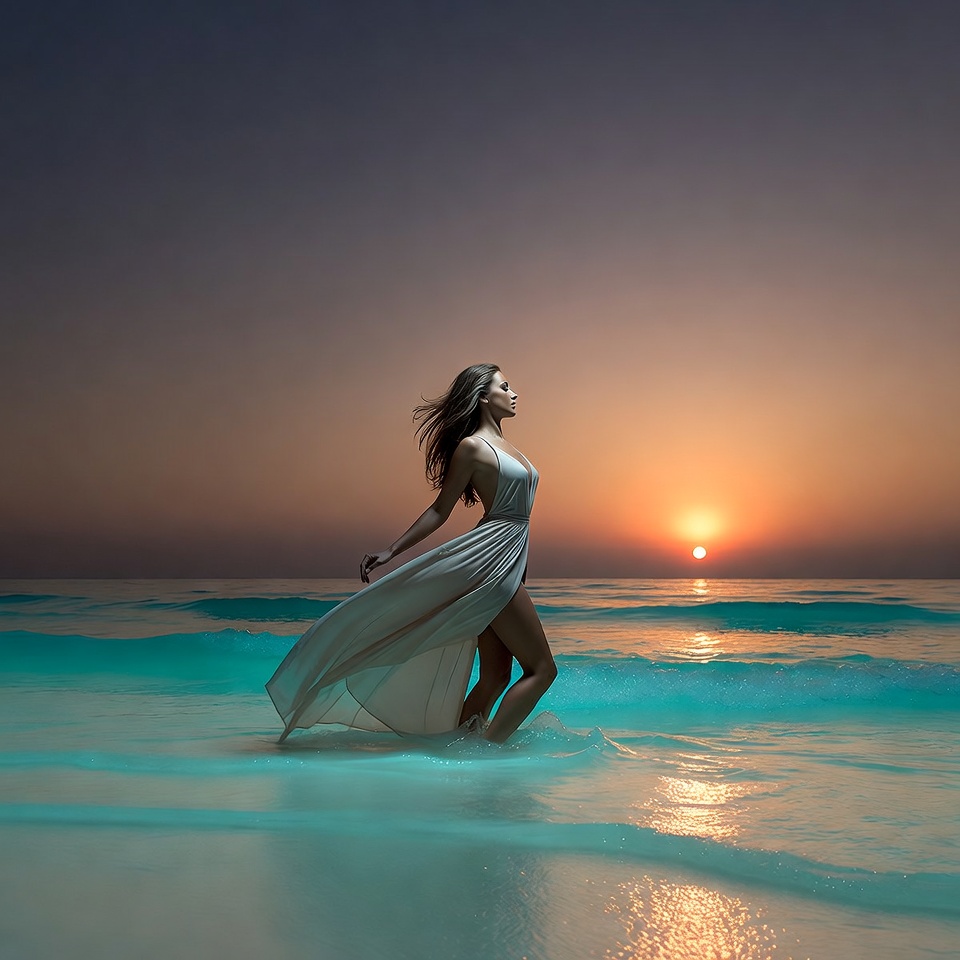 Woman walks by the ocean at sunset Woman walks by the ocean at sunset