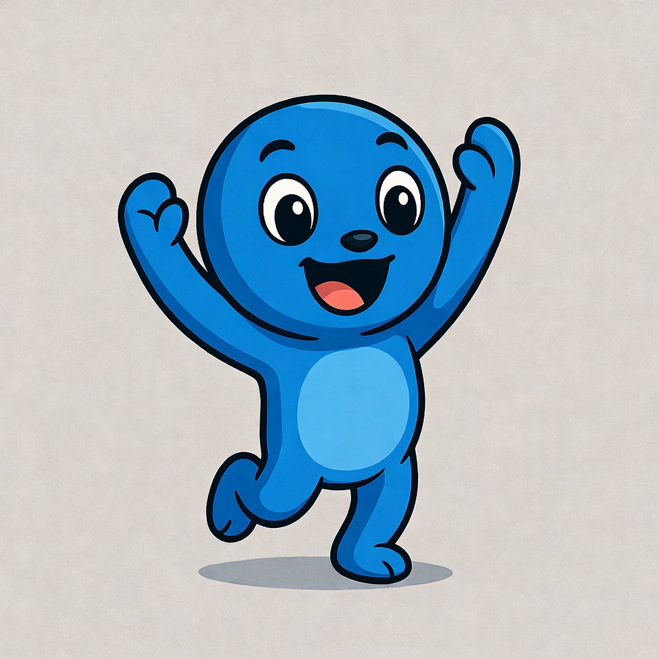Blue character with arms raised Blue character with arms raised
