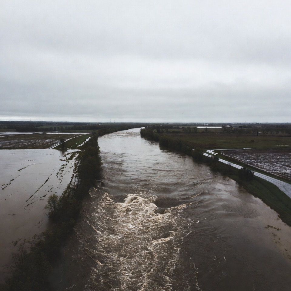 River flows through fields in cloudy weather River flows through fields in cloudy weather
