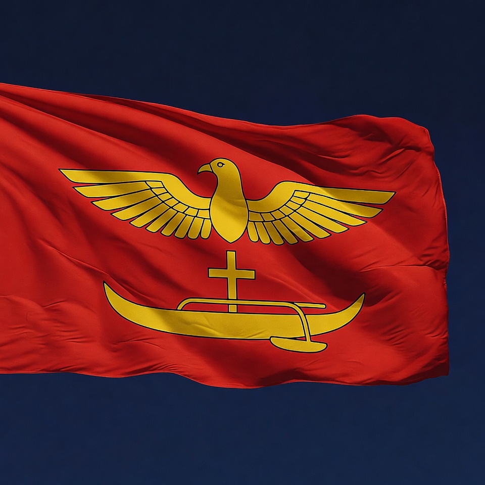 Flag with eagle and cross design flying Flag with eagle and cross design flying