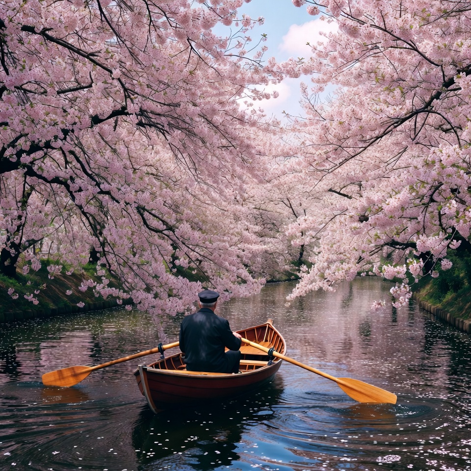 Man rowing boat under cherry blossoms Man rowing boat under cherry blossoms