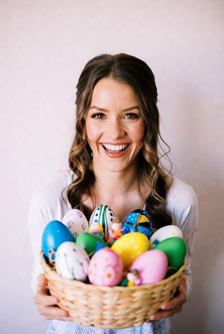 Smiling person holding colorful eggs Smiling person holding colorful eggs