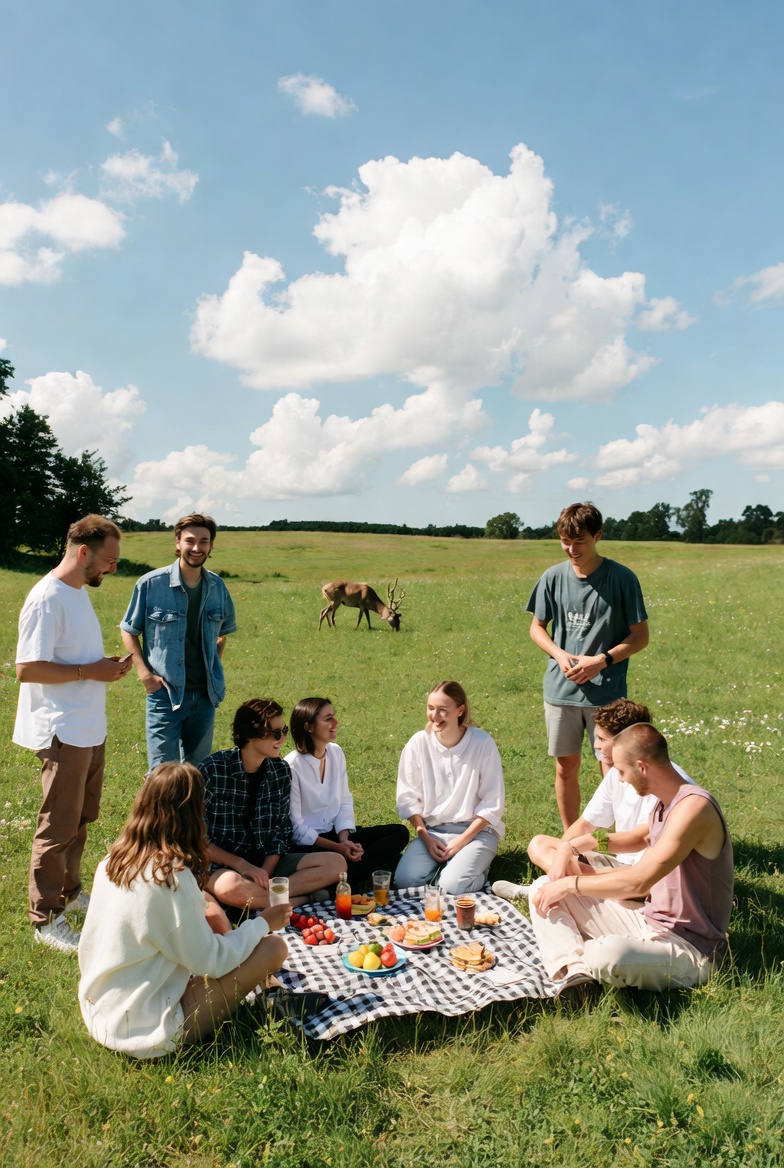 Friends enjoying picnic in a field Friends enjoying picnic in a field
