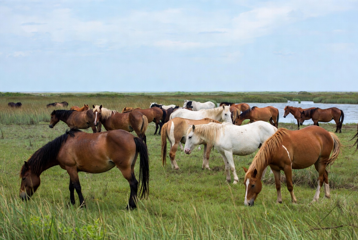 Horses grazing by the water Horses grazing by the water