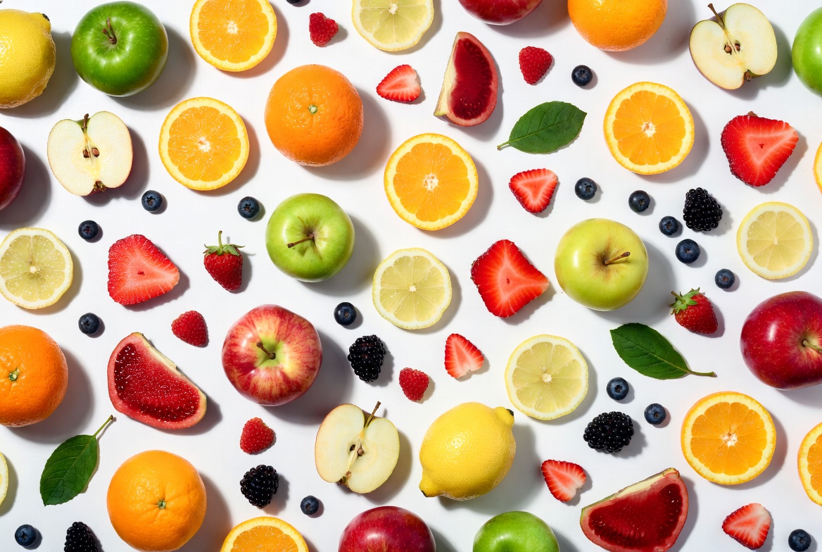 Colorful fruits laid out on white surface Colorful fruits laid out on white surface