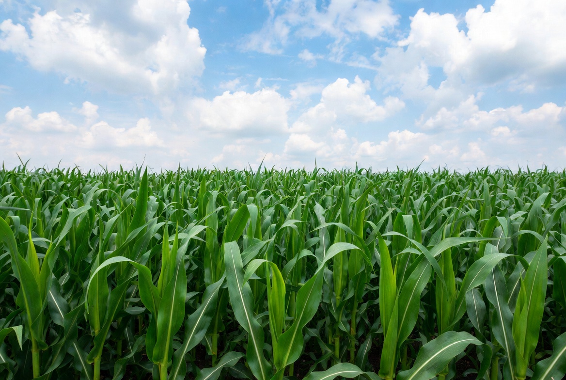 Corn field with clouds in blue sky Corn field with clouds in blue sky