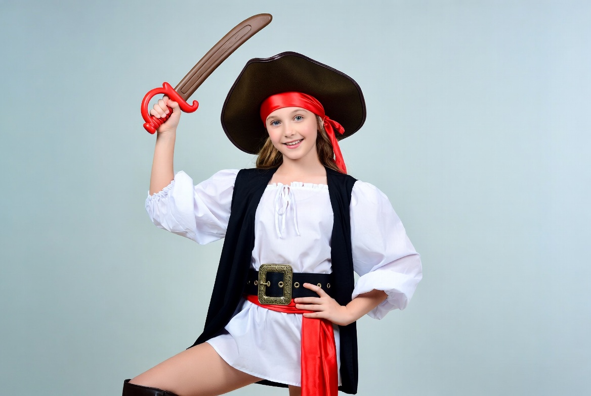 Young girl dressed as pirate with sword Young girl dressed as pirate with sword