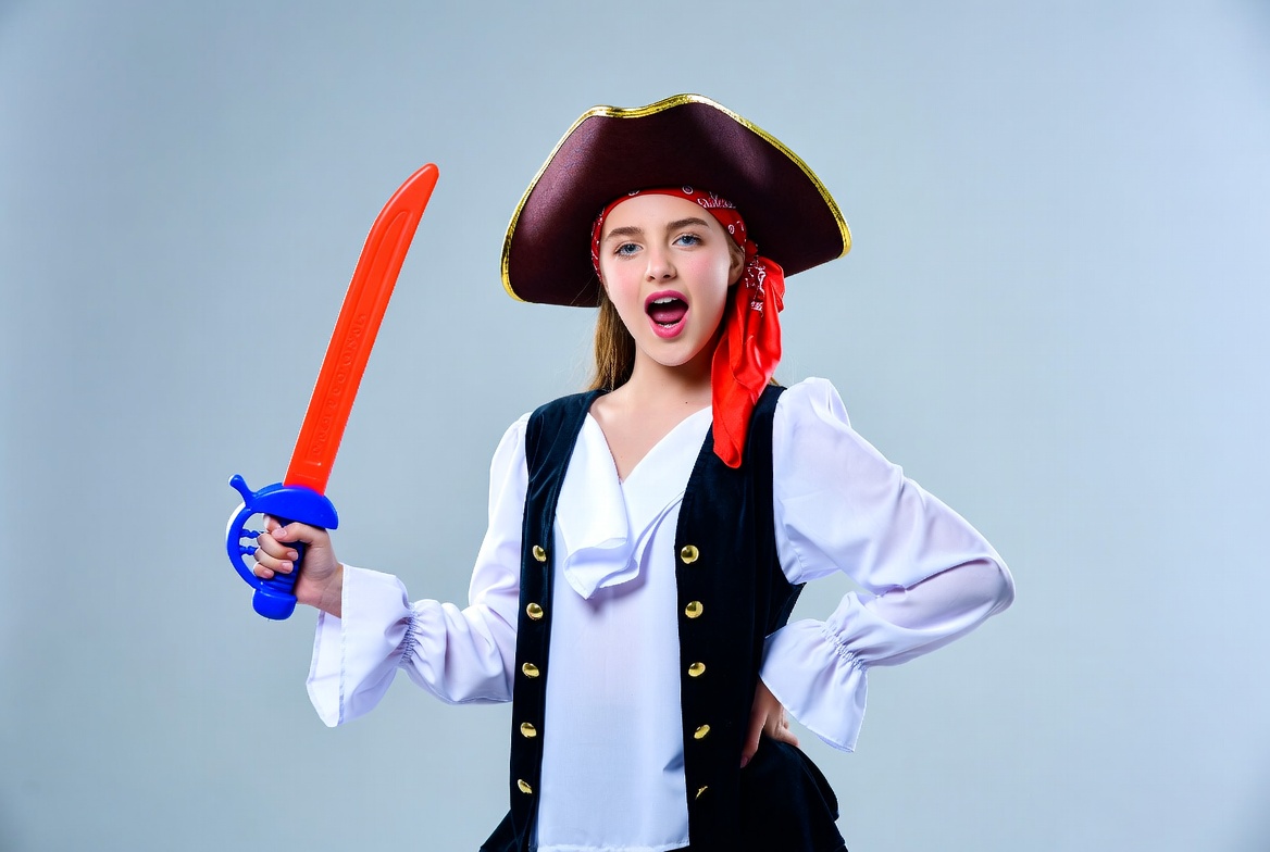 Young girl dressed as pirate with sword Young girl dressed as pirate with sword