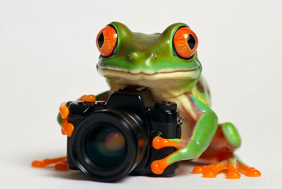 Frog holding camera takes pictures Frog holding camera takes pictures
