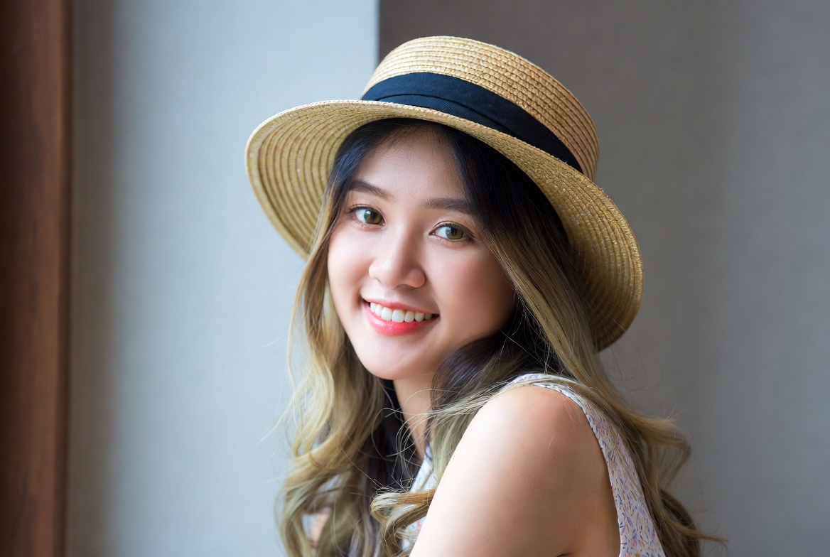 Smiling woman in straw hat indoors Smiling woman in straw hat indoors