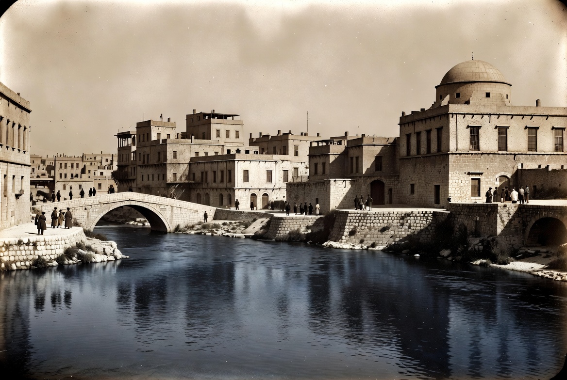 People by a stone bridge in old city People by a stone bridge in old city